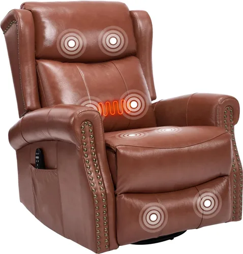Miniatura 13 de PELUMY Silla reclinable giratoria de cuero transpirable para adultos, balancín giratorio de 360° con masaje térmico y vibratorio, silla de descanso