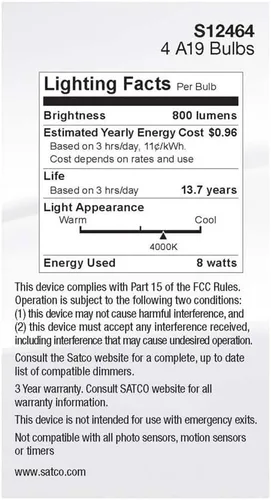 Miniatura 5 de Satco 12464-8A19/CL/LED/E26/940/4PK/120V (S12464) A19 A Line Pear Bombilla LED