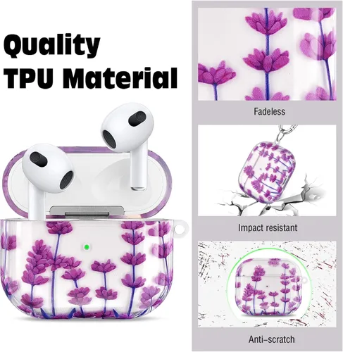 Miniatura 3 de QINGQING Funda protectora compatible con Airpods 3 (2021), diseño floral transparente con llavero Airpod de tercera generación, a prueba de golpes