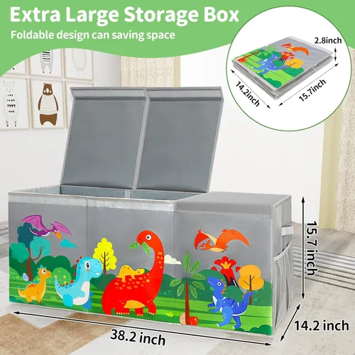 Miniatura 5 de Caja de juguetes extragrande con tapas, organizador plegable de almacenamiento de juguetes para niños, caja de juguetes de dinosaurio para niños Gris