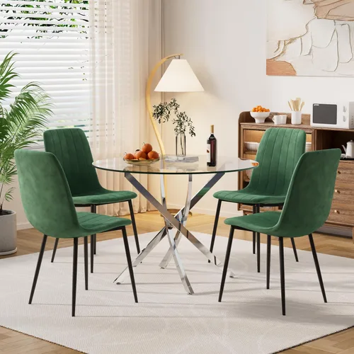 Miniatura 8 de Moderno juego de mesa redonda de vidrio para 4, 36 pulgadas, pequeña base negra de vidrio templado con 4 sillas de comedor minimalistas beige, juego