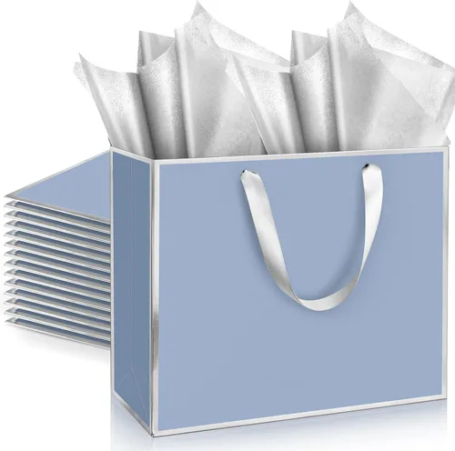 Miniatura 29 de ReliThick Paquete de 12 bolsas de regalo de papel metálico con asas y papel de seda de 11.8 x 10 x 4 pulgadas, bolsa de agradecimiento para Azul