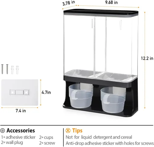 Miniatura 5 de Dispensador de perlas de aroma, dispensador de detergente para lavandería montado en la pared con 2 tazas para cuentas de lavandería, arroz, Negro