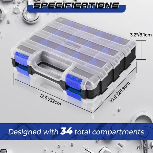 Miniatura 2 de NATGAI Paquete de 2 organizadores de piezas pequeñas, caja de herramientas de doble cara con 34 compartimentos con separadores extraíbles para Azul