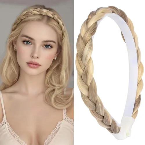 Miniatura 22 de Ancho de 1.5 cm Banda de pelo sintético trenzada estrecha con dientes para mujeres y niñas (Negro)
