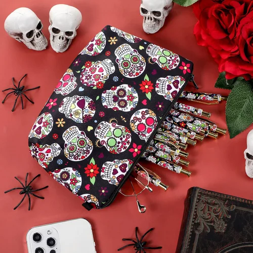 Miniatura 3 de TaoBary 12 bolígrafos de calavera de azúcar con estuche para lápices, bolígrafos retráctiles, bola de clic, bolsa de regalo de calavera de azúcar