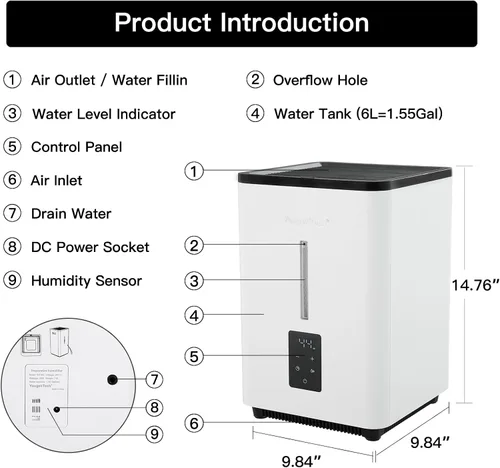 Miniatura 7 de Humidificadores evaporativos para habitación grande de dormitorio, 1.55 galones, humidificador evaporativo de niebla fría de 20 W, 7 velocidades