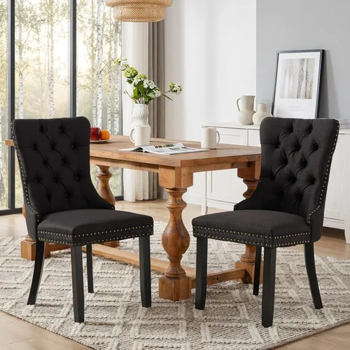 Miniatura 98 de SoarFlash Juego de 2 sillas de comedor de tela de lino, sillas de comedor tapizadas con ribete de cabeza de clavo y patas de madera de color claro