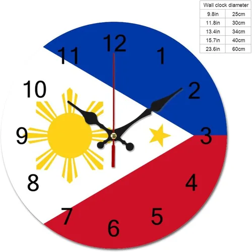 Miniatura 2 de Reloj de pared con diseño de bandera de Filipinas, decoración patriótica de 12 pulgadas, funciona con pilas, silencioso, sin tictac, decoración