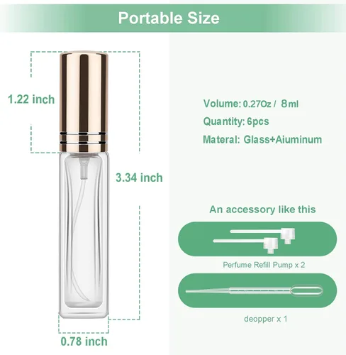 Miniatura 5 de Botella de perfume recargable, botella de perfume atomizadora sin BPA de 0.3 fl oz, atomizador de perfume de vidrio a prueba de fugas con tapas