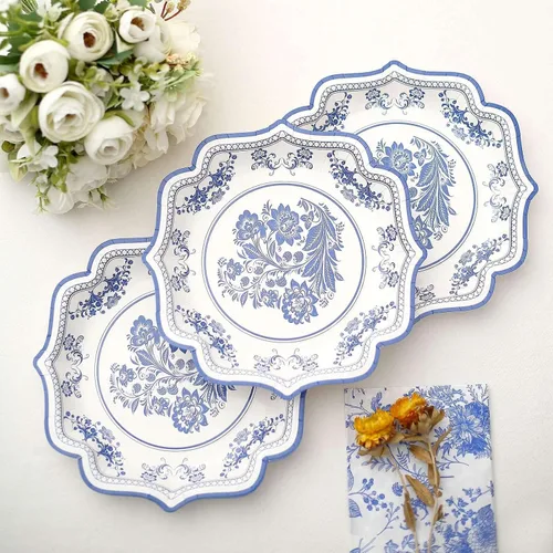 Miniatura 22 de Efavormart - Paquete de 25 platos llanos de papel francés de 10 pulgadas, color blanco y dorado, 300 GSM, resistentes con borde festoneado