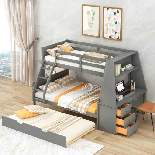 Miniatura 4 de Litera individual sobre cama matrimonial con escritorio, cajones y nido, marco de litera de madera con estante de almacenamiento (gris)