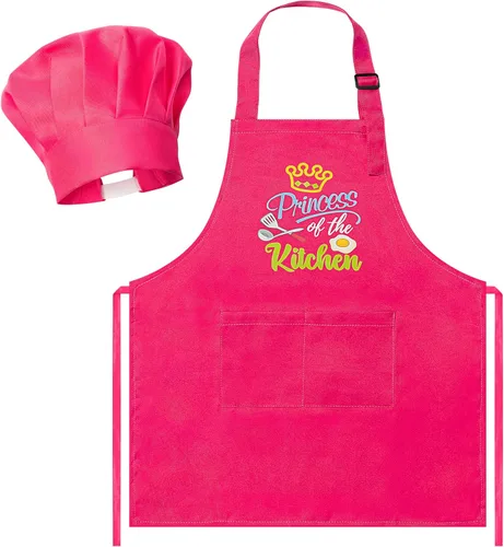 Miniatura 15 de R HORSE Juego de delantal y sombrero de chef para niños, 2 piezas, mini parrilla ajustable, delantal de cocina para niños, juego de rol, juguete