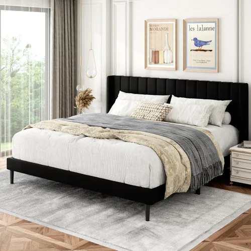 Miniatura 3 de Gruwans Base de cama tamaño King con cabecera con respaldo de ala, cama de plataforma tapizada, no necesita somier, soporte de listones de madera
