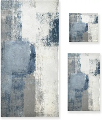Juego de toallas de baño vintage, juego de 3 toallas suaves de pintura abstracta retro azul gris (1 toalla de baño de lujo, 1 toalla de mano 1