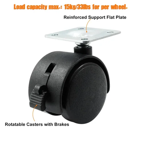 Miniatura 4 de 4 piezas ruedas giratorias de 1.5 pulgadas, ruedas giratorias de placa de nailon negro con freno, ruedas giratorias de placa resistente de repuesto