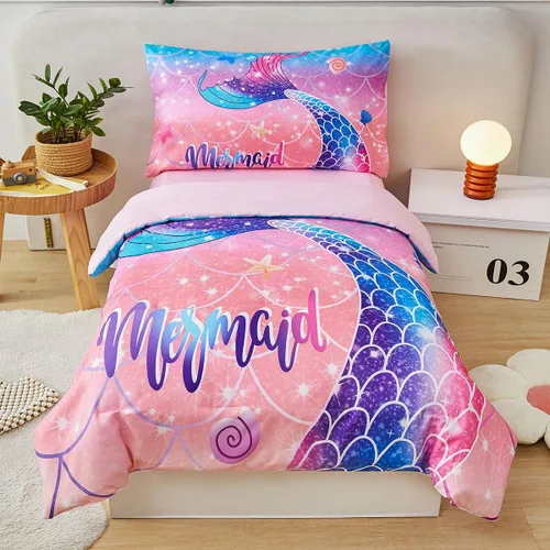 Miniatura 13 de ZRNBAST Juego de ropa de cama para niñas pequeñas de 4 piezas con cola de sirena, color rosa, turquesa, degradado, arco iris, colorido, ropa de cama