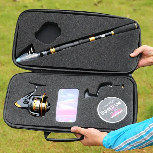 Miniatura 9 de Sougayilang Carrete de caña de pescar Combos de fibra de carbono telescópica caña de pescar con carrete giratorio para viajes agua salada pesca