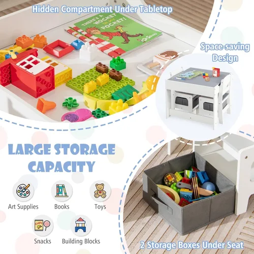 Miniatura 6 de HONEY JOY Mesa y sillas para niños, juego de actividades de madera 3 en 1 con almacenamiento, mesa desmontable, para arte, manualidades, dibujo, Gris