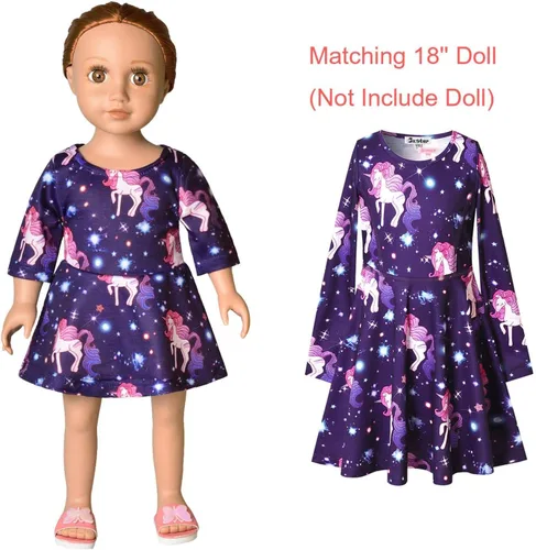 Miniatura 3 de Qpancy Vestidos a juego para muñecas y niñas, trajes de unicornio de manga larga, ropa de algodón