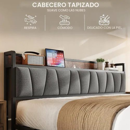 Miniatura 3 de LIKIMIO Base de cama tamaño King, cabecera de almacenamiento con estación de carga, sólida y estable, sin ruido, no necesita somier, fácil montaje