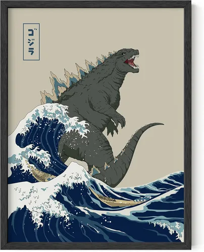 HAUS AND HUES Arte de pared japonés - Póster de rey de monstruos, gran ola, marco negro, 12 x 16 pulgadas Gran Ola Vs. Godzilla