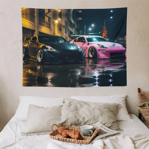 Miniatura 7 de FeoYoed Jdm - Tapiz japonés para automóvil, 350z, color negro y rosa, para estacionar, estación lluviosa, calle, pared, arte de pared