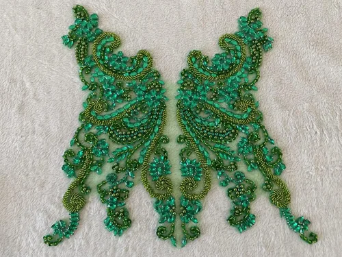 Miniatura 3 de Apliques de encaje hechos a mano con diamantes de imitación para coser en cuentas y lentejuelas para accesorios de ropa de vestido, (verde)