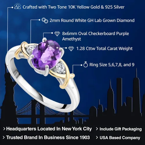 Miniatura 114 de Anillo de compromiso de oro amarillo de 10 quilates y plata 925 con piedra natal y diamantes cultivados en laboratorio para mujer, ovalado de 0.315