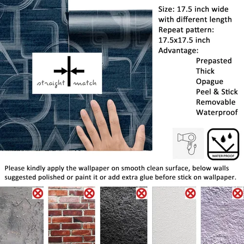 Miniatura 6 de Livelynine Papel tapiz geométrico azul para despegar y pegar, moderno, abstracto, azul marino y blanco, papel tapiz para baño, papel adhesivo azul