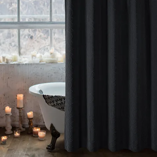 Miniatura 2 de Gibelle Cortina de ducha negra para baño, juego de cortina de ducha de tela texturizada geométrica en relieve 3D con ganchos, diseño moderno