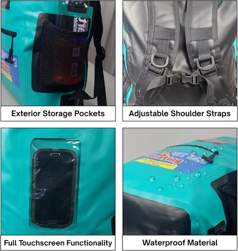 Miniatura 5 de Mochila impermeable de 28 L, bolsa seca verde azulado para teléfono celular con ventana exterior para un fácil uso durante todos los deportes