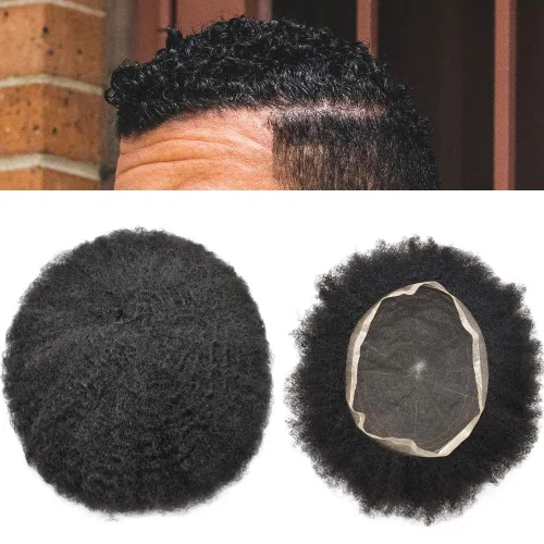 Miniatura 17 de Afro - Toupee - Toupee para hombre, encaje suizo, rizado, para hombres negros, hombres afroamericanos, todos los encajes, sistemas de reemplazo