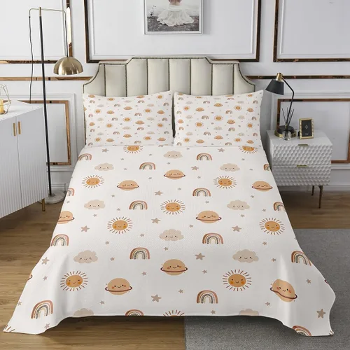 Erosebridal Juego de colcha acolchada con diseño de arco iris para niñas, con sol y estrellas, diseño de planetas kawaii y nubes, juego de colcha