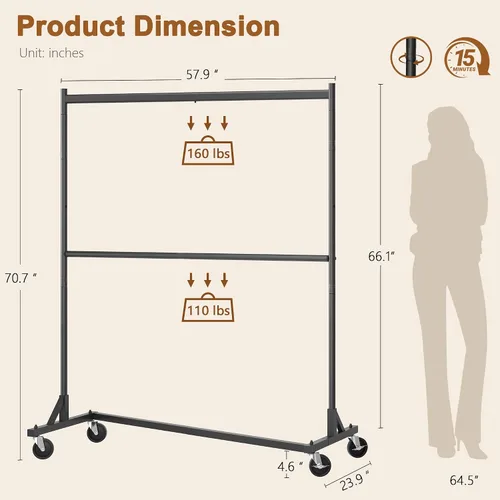 Miniatura 9 de Hoctieon Estante de doble barra Z, estantes de ropa rodantes con base en Z, perchero ajustable para ropa, perchero de pie para ropa de pie, perchero