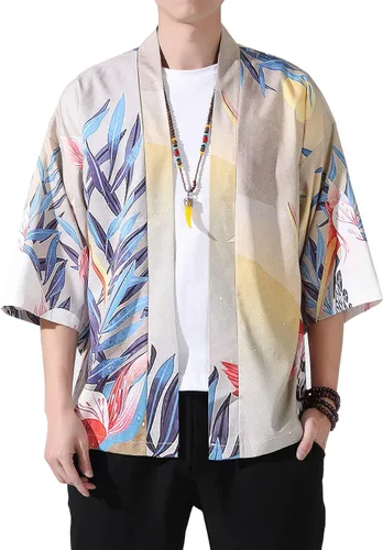 Miniatura 20 de PRIJOUHE Chaqueta Kimono Ligera para Hombre de Manga Tres Cuartos con Frente Abierto Cárdigan Estilo Japonés