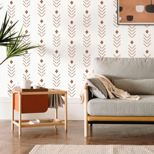 Miniatura 2 de Ismoon Papel tapiz geométrico para despegar y pegar, papel de contacto geométrico beige, papel de pared moderno con punta de flecha roja, extraíble