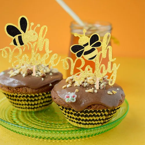 Miniatura 6 de 24 piezas de adornos para cupcakes Bee Oh Baby con purpurina dorada Bumble Bee Oh Babee, palillos para cupcakes con tema de bumble bee para baby
