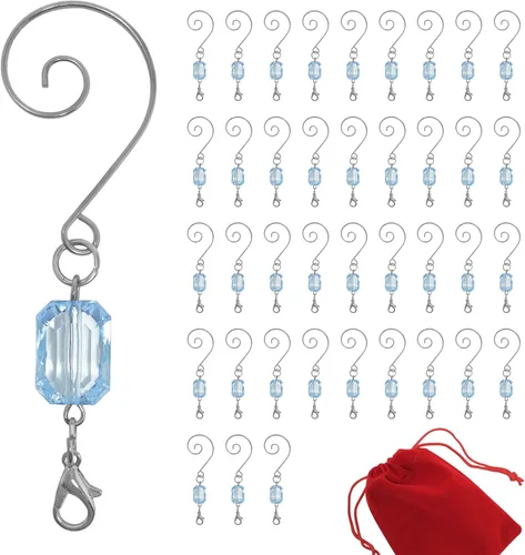 BANBERRY DESIGNS Ganchos para adornos de Navidad, joya acrílica azul claro, ganchos de alambre plateado, paquete de 40-3 pulgadas de largo