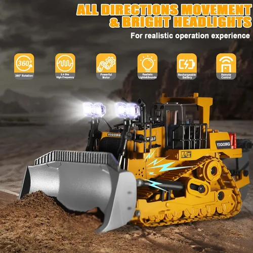 Miniatura 3 de Bulldozer a control remoto, vehículo de construcción RC de metal de 9 canales con luces, sonido y batería recargable, juguete de bulldozer a control