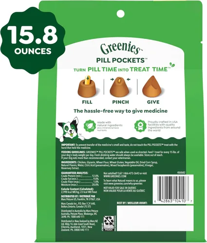 Miniatura 10 de GREENIES Pill Pockets - Golosinas naturales para perros, forma de bolsillo para pastillas tamaño cápsula, sabor pollo, 15.8 onzas Paquete económico