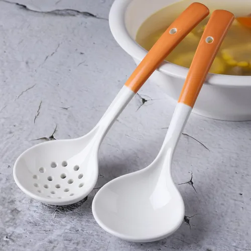 Miniatura 5 de Juego de 2 cucharones de cerámica con cucharón grande para sopa con espumadera, cucharones ranurados, cucharones de cocina, cucharas coladoras