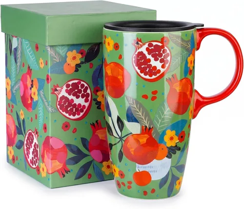 Miniatura 10 de Taza de café de viaje de cerámica con tapa para el hogar y la oficina, taza de té alta de porcelana de 17 onzas con mango de arte floral en caja