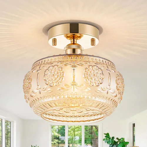 Lámpara de techo semiempotrada, acabado dorado francés y pantalla de cristal floral ámbar, iluminación moderna vintage para baño, cocina, dormitorio
