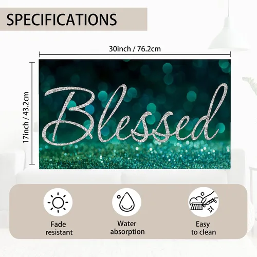 Miniatura 3 de TUBAMQ Felpudo de puerta Blessed de 17 x 30 pulgadas, tapete decorativo de bienvenida con purpurina bendita, parte trasera de goma antideslizante