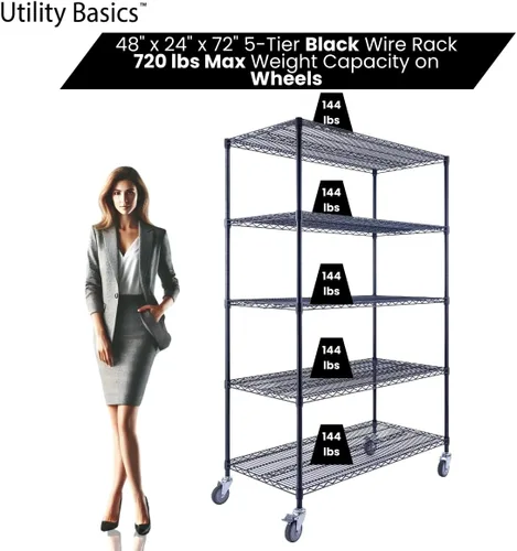 Miniatura 4 de NSF - Estantería comercial de alambre de 5 niveles con ruedas, estantes de metal resistente de 48 x 24 x 72 pulgadas, capacidad máxima de 4000 Negro