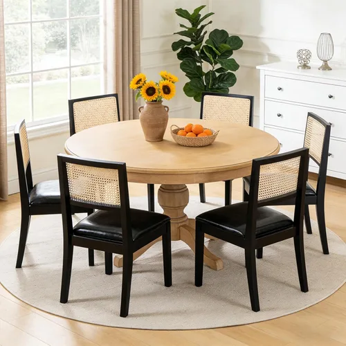 Miniatura 10 de Juego de 2 sillas de comedor de ratán, sillas de comedor de cocina con respaldo de bastón, silla tapizada de ratán moderna de mediados de siglo