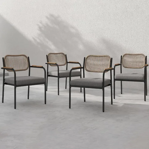Miniatura 14 de Juego de 2 sillas de comedor para exteriores, sillas de comedor de mimbre para patio con cojines extraíbles, silla de mesa rectangular para patio