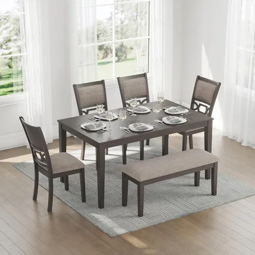 Miniatura 11 de Signature Design by Ashley Wrenning - Juego de mesa de comedor con estampado de diamantes, 4 sillas tapizadas y banco, asientos para 6, madera, gris
