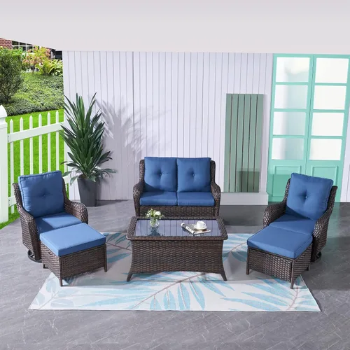 Miniatura 22 de HUMMUH Sillas Mecedoras Giratorias de Mimbre para Patio Exterior con Respaldo Alto, Sillas Deslizantes de Ratán PE, Juego de Muebles de Patio de 4